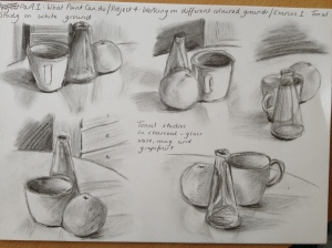 Charcoal studies for still life painting on white ground, A4