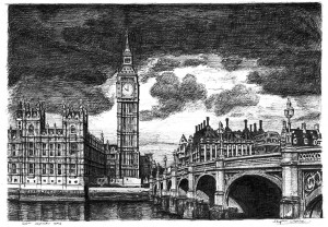 Big Ben and Westminster Bridge (London), pen on paper, 2013